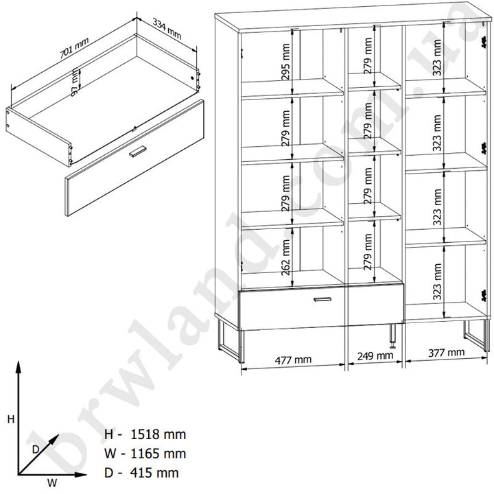 Фото схеми з розмірами стелажу ZENDA BRW REG2D1S/U